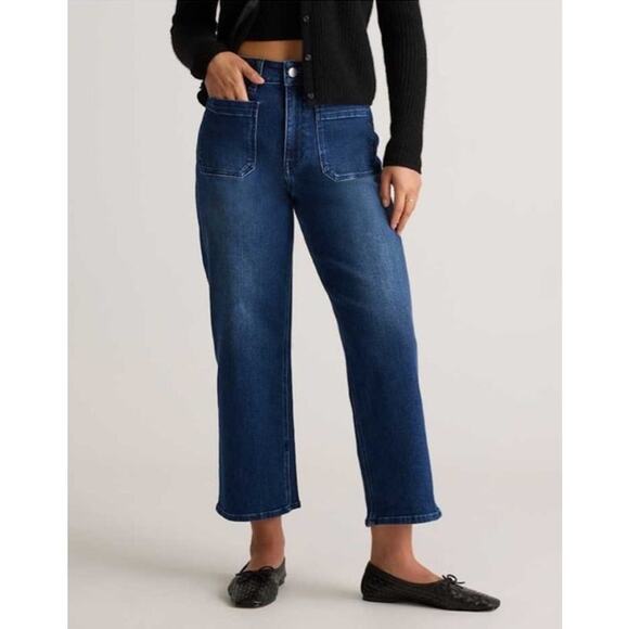 Quince Denim - Quince Stretch High Rise Patch Pocket Wide Leg Jeans Size 31 Dark Wash Organic